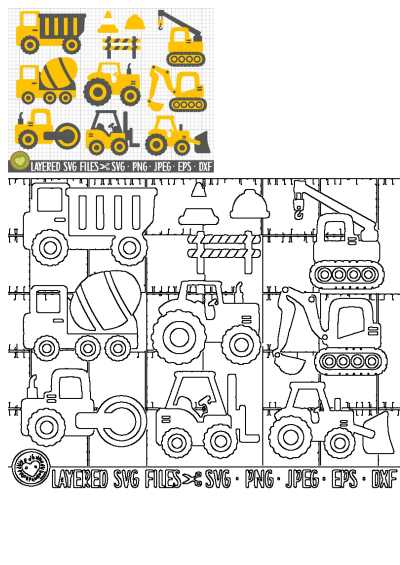 Vector illustration of yellow construction vehicles including a dump truck, tractor, excavator, forklift, and more. Perfect for SVG, EPS, DXF, PNG.