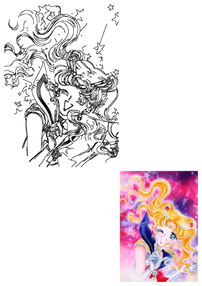 Illustration of Sailor Moon, a sailor girl with blonde hair, vibrant blue eyes, and a playful expression, set against a pink starry background.