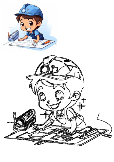 Cartoon of a smiling young boy wearing a blue helmet with a lamp, reviewing a blueprint with pencils and drafting tools. 
