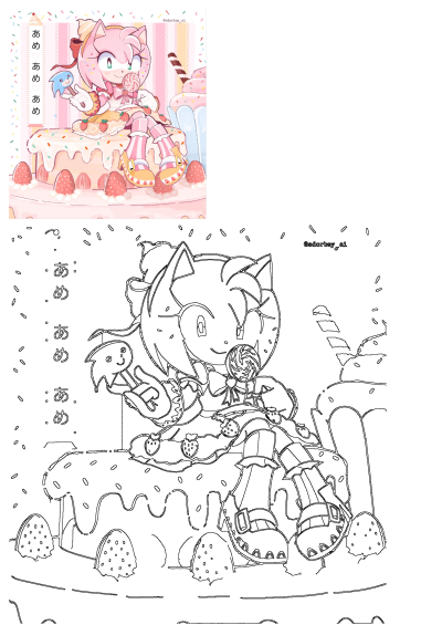 Adorable Amy Rose artwork featuring her surrounded by sweet treats, including a strawberry cake and a Sonic-themed lollipop. Colorful and cute design.