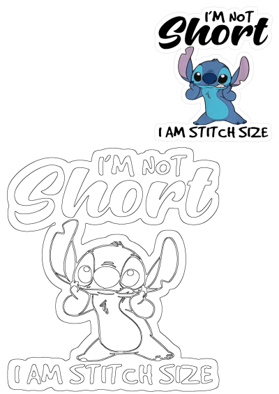 Sticker of Stitch from Lilo & Stitch with the funny quote 'I'm not short, I'm Stitch size'. Playful take on height.