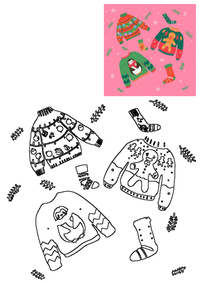 A colorful illustration of festive Christmas sweaters with a gingerbread man, penguin, and lights, plus coordinating socks. Includes outline art for creative activities.