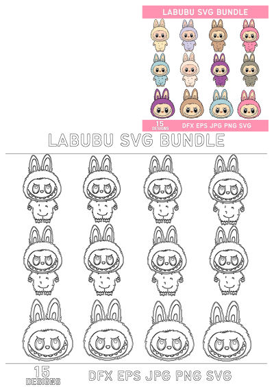 Cute labubu bunny clipart bundle is available for personal and commercial projects. 15 designs in dfx, eps, jpg, png, svg formats.