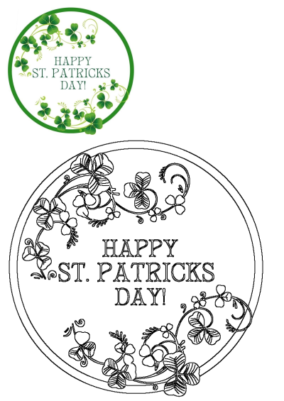 Happy St Patrick's Day greeting card featuring shamrocks and leaves arranged in a festive circular design. Share the luck of the Irish!