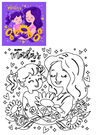 Mother's Day card featuring a mother and daughter surrounded by bright sunflowers, set against a vibrant purple background. Illustration of love.