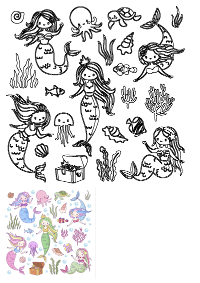 Cute cartoon illustration of little mermaids playing with their toys in the water and under the sea with turtle, octopus, fish, and treasure.