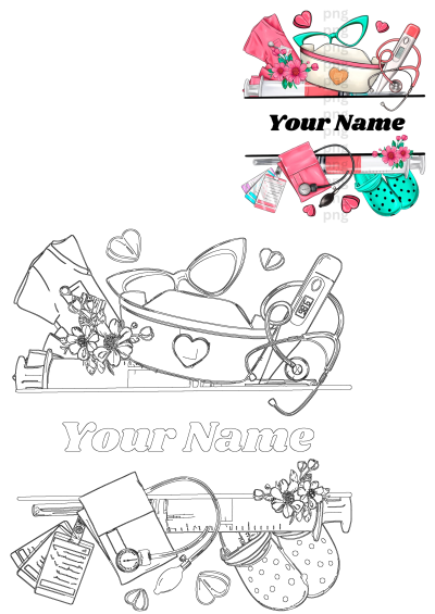 Customizable name tag illustration with nursing items in the shape of hearts and flowers, featuring a stethoscope, scrubs and more, perfect for nurses.