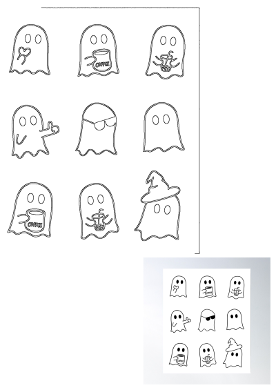 A collection of cute ghost stickers in different shapes and sizes for Halloween. The ghost stickers are all different shapes and sizes.