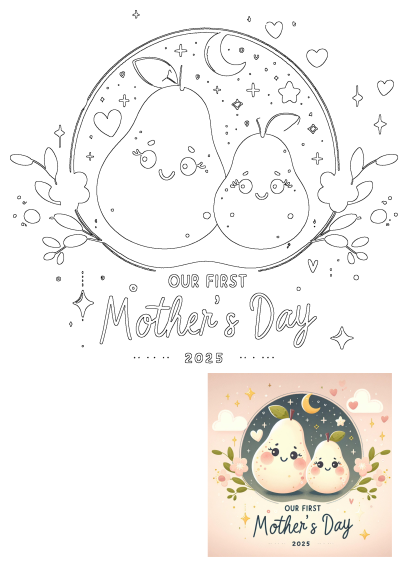 Two cute pear characters celebrate 'Our First Mother's Day', with flowers, stars, moon and hearts in a charming illustration.