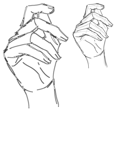 Hand sketch drawing practice. A line art depiction of a human hand showing fingers and general form in a simple graphic style.