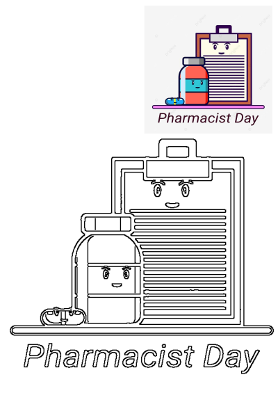 Pharmacist Day illustration featuring a cute cartoon medicine bottle, pill, and prescription on a clipboard with faces. Happy healthcare.
