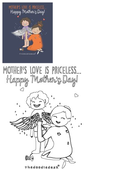 A sweet Happy Mother's Day illustration showing a mother sewing angel wings onto her child, with the message 'Mother's Love Is Priceless'.