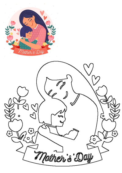 A loving mother and child embrace in this sweet Mother's Day illustration. A woman holds a child in her arms with flowers and hearts.
