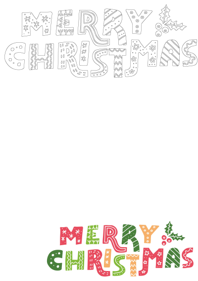 Festive Merry Christmas text illustration featuring both an outline version for customization and a vibrant colorful design with unique patterns and holly.