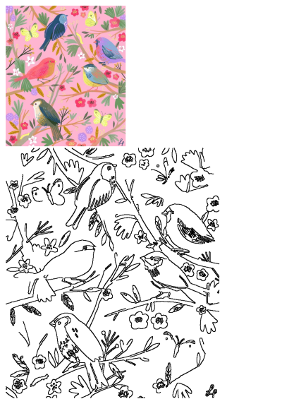 Illustration of six colorful birds perched on branches amidst pink flowers, leaves, and butterflies. Whimsical bird illustration art.