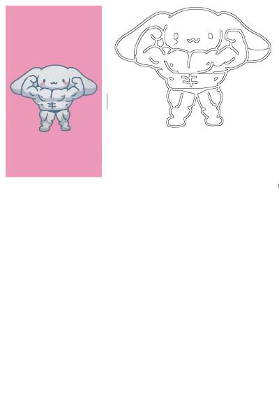A cute, buff cartoon character, like Cinnamoroll, showcases muscular arms and abs against a pink background. 