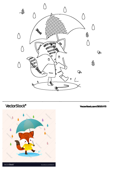 Cartoon fox with umbrella in the rain. Wearing a yellow jacket and boots, stepping in a puddle. Cute illustration for kids.