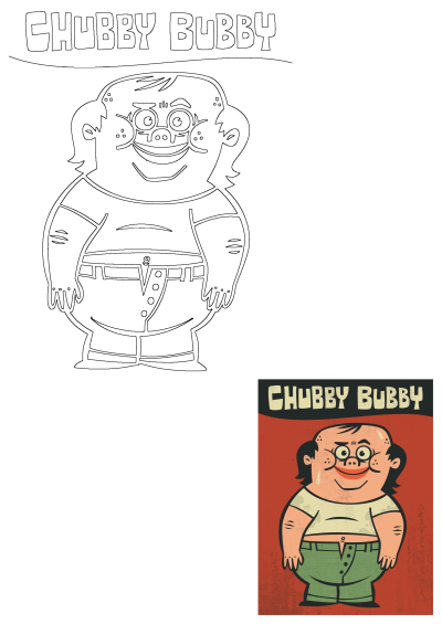 Cartoon illustration of Jon Kelly Green's 'Chubby Bubby', a cute and chubby character. Baby boutique clothing inspiration.