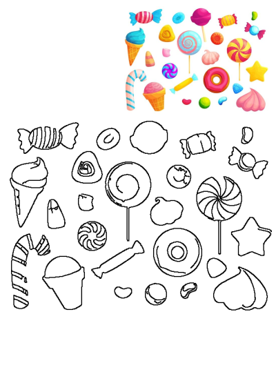 An assortment of colorful cartoon candy and lollipops, including ice cream cones, donuts, stars, and wrapped candies on a white background.
