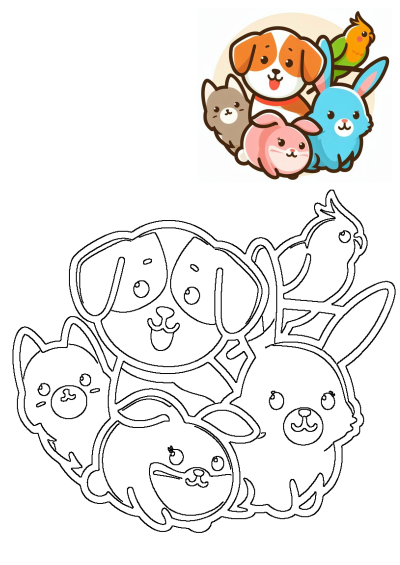 Pets clipart: a cute cartoon image featuring a dog, cat, bird, and two bunnies. Adorable animal graphics for various designs and projects.