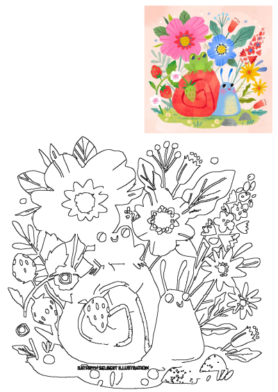 Charming painting of a blue snail and a frog in front of a variety of colorful flowers and plants, set against a soft pink background. 