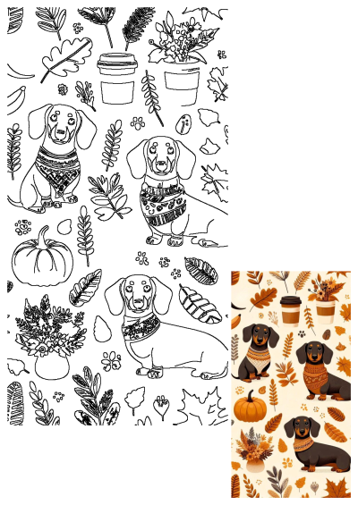 A dachshund is sitting in front of leaves, pumpkins, coffee cup and flowers. Cute autumn pattern with dachshunds for fall season.