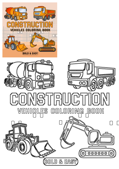 Construction vehicles coloring book for kids. Illustration of a coloring book featuring a cement mixer, dump truck, bulldozer and excavator.