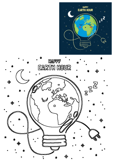 Happy Earth Hour image: The Earth is inside a lightbulb, with eyes closed as if sleeping. Stars surround it in a space scene. Save energy!