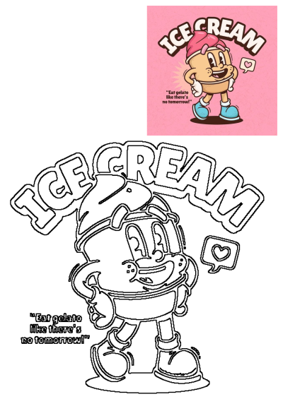 Whimsical cartoon of a walking gelato mascot with a heart speech bubble, exclaiming 'Eat gelato like there's no tomorrow!' on pink.