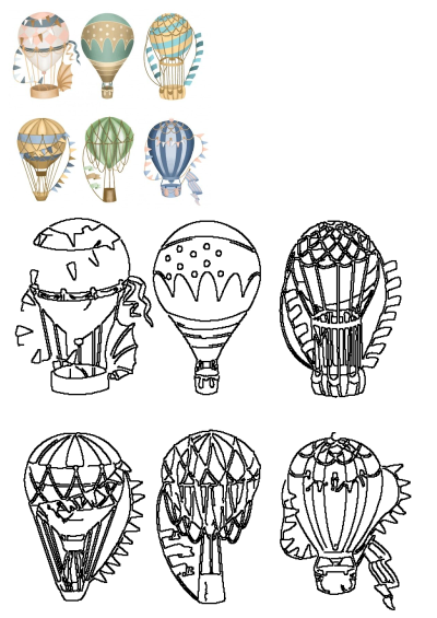 Illustration of six colorful hot air balloons in different colors and designs on a white background, each with an ornament. Illustration.