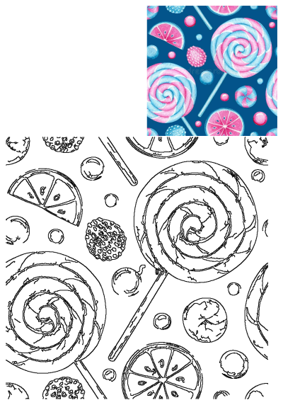 Watercolor illustration of candy and lollipops on a blue background. Royalty illustration featuring colorful sweets, watermelon, and strawberry candy.