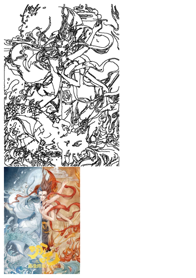 Watercolor illustration of Nezha and Ao Bing, divided by water and fire, a depiction of Chinese mythology and fantasy art.