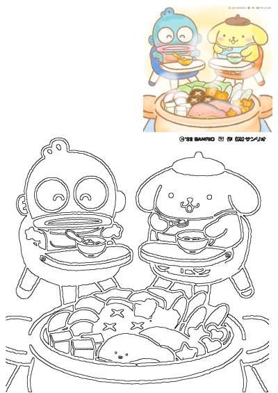 Two cartoon characters are eating food in baby highchairs. One is holding a child's plate in this cute Sanrio illustration of friendship and mealtime.