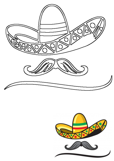 Cartoon image of a yellow sombrero with green and red stripes and a thick mustache, for Mexican culture and celebration themed designs.