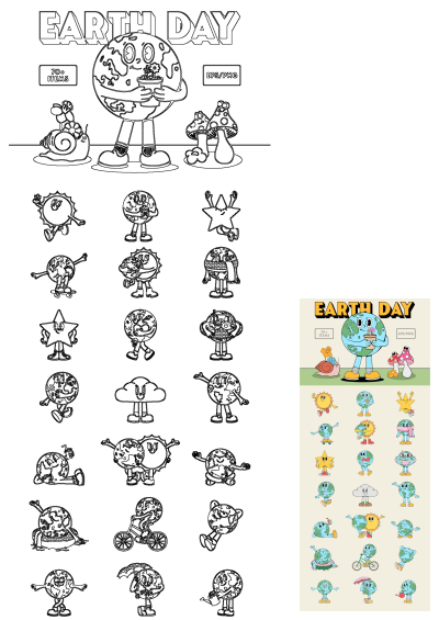 Earth Day poster with different cartoon characters and their names. Colorful Earth Day illustration with a variety of fun, cute designs.