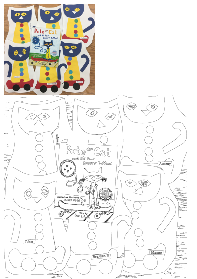 Pete the Cat and His Four Groovy Buttons art project: paper cut-outs on a wooden table, with names. A fun classroom activity for kids.