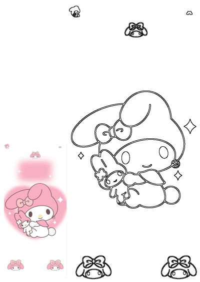 Cute pink My Melody character holding a stuffed animal version of herself.  Wallpaper with My Melody heads and sparkling stars.