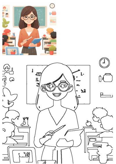Illustration of a teacher with students in the classroom. The teacher is holding a pen and a book, with a blackboard in the background.