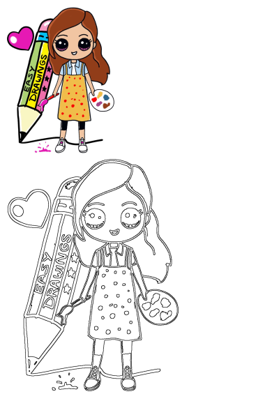 Cute Easy Drawings: Adorable cartoon girl with art supplies standing by a giant pencil with 'easy drawings' text. Ideal for art tutorials.