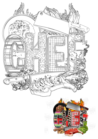 The word 'chef' artfully designed and surrounded by food items such as steaks, knives, lettuce and flames in this delicious cooking illustration.