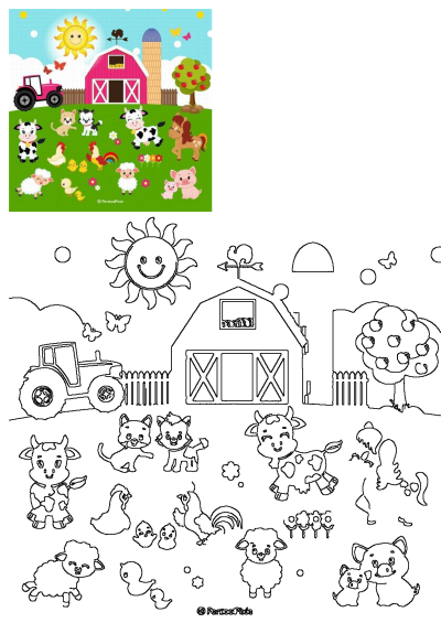 Cartoon image of cute farm animals like cows, sheep, pigs, chickens in front of a red barn and pink tractor with yellow flowers. 