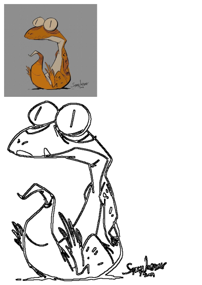 Cartoon-style image of an orange lizard character with big eyes. Amusing illustration of a lizard sitting upright with a curious expression.