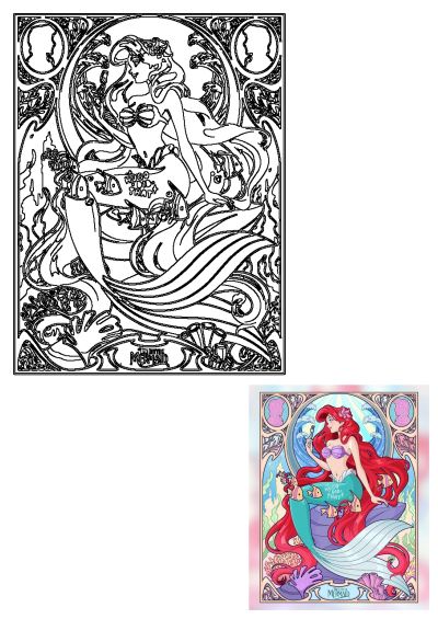 Disney's The Little Mermaid movie poster features Ariel with her red hair, holding a fork, and surrounded by fish. Art Nouveau style.