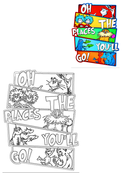 Dr Seuss bookmarks in different colors and sizes. Features iconic characters and the phrase "Oh, the Places You'll Go!" from the beloved book.