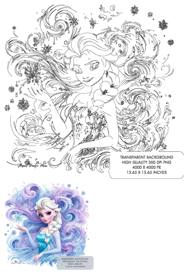 Illustration of the frozen princess, Elsa, with her hair blowing in the wind. She's holding a snowflake with swirling ice patterns around her.