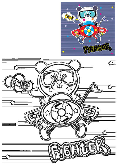 Cartoon bear flying a fighter plane. Cute illustration of a bear wearing goggles piloting a red plane with 'Fighter' below. 