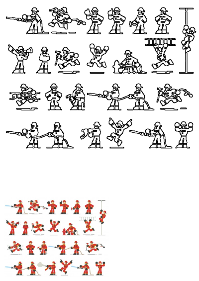 Cartoon firefighters in various poses and positions, all wearing red uniforms. Depicts a set of cartoon fire fighters in various positions and poses.