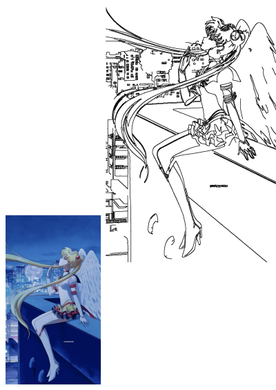 Sailor Moon as an angel with wings, sitting on a rooftop under the night sky in a cityscape, anime style. 