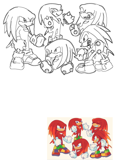 Red and white cartoon characters with different expressions, featuring Knuckles the Echidna from Sonic, showing various moods and poses.