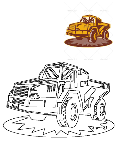 Illustration of a yellow dump truck on a white background. Graphic, cartoon style image of a clipping/character dump truck.